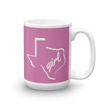15oz coffee mug with Texas girl design, white on dark pink