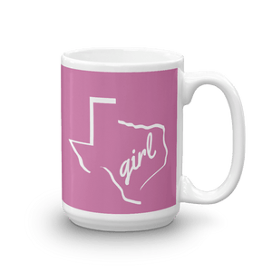 15oz coffee mug with Texas girl design, white on dark pink