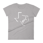 Texas girl shirt. Texas outline with "girl" inside on grey shirt