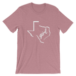 Texas outline with "girl" inside, on orchid colored t-shirt
