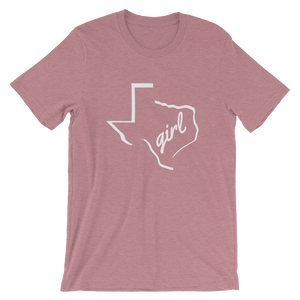 Texas outline with "girl" inside, on orchid colored t-shirt