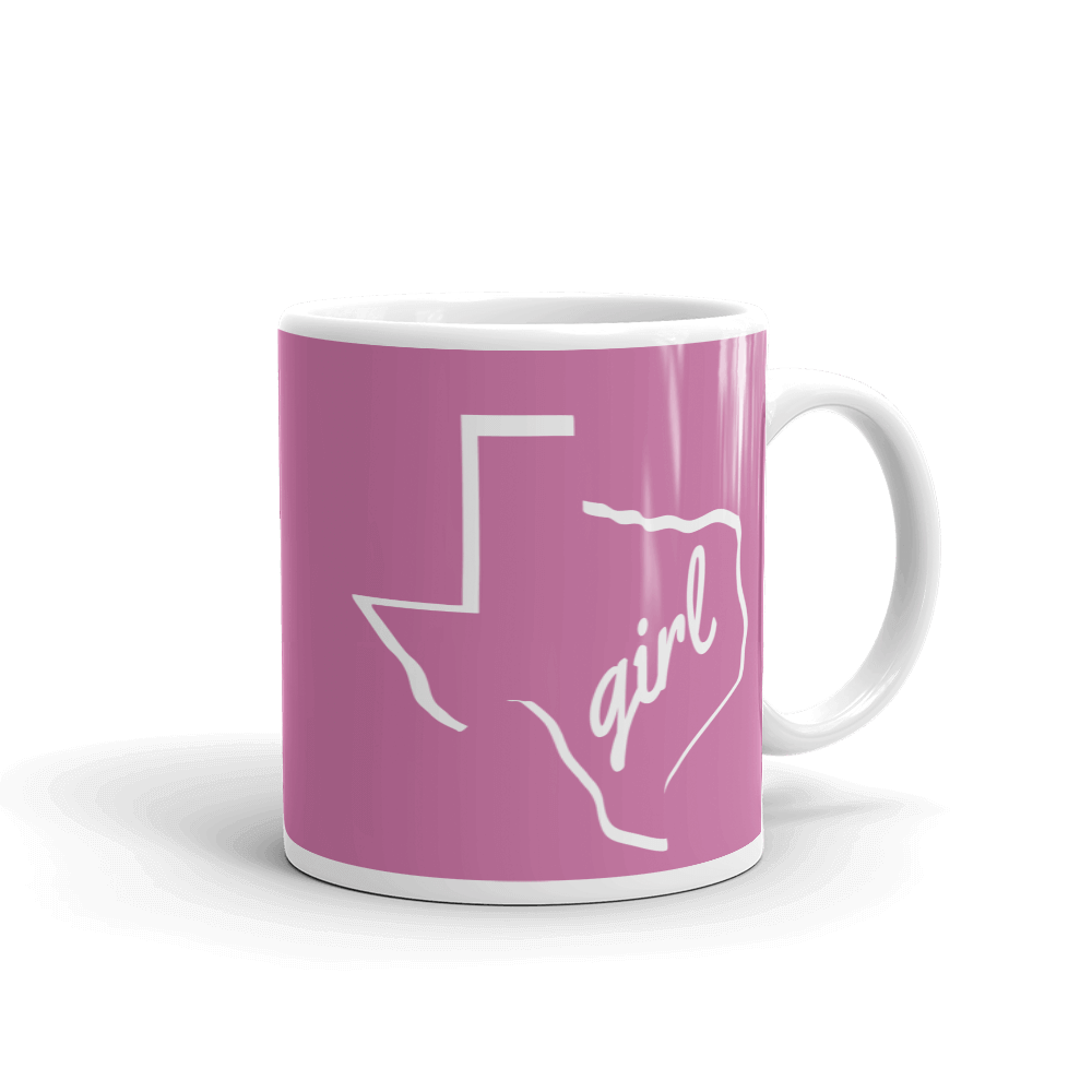 11oz coffee mug with Texas girl design, white on dark pink