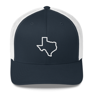 White texas outline on blue trucker hat