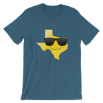 yellow Texas shape with smiley face and black sunglasses