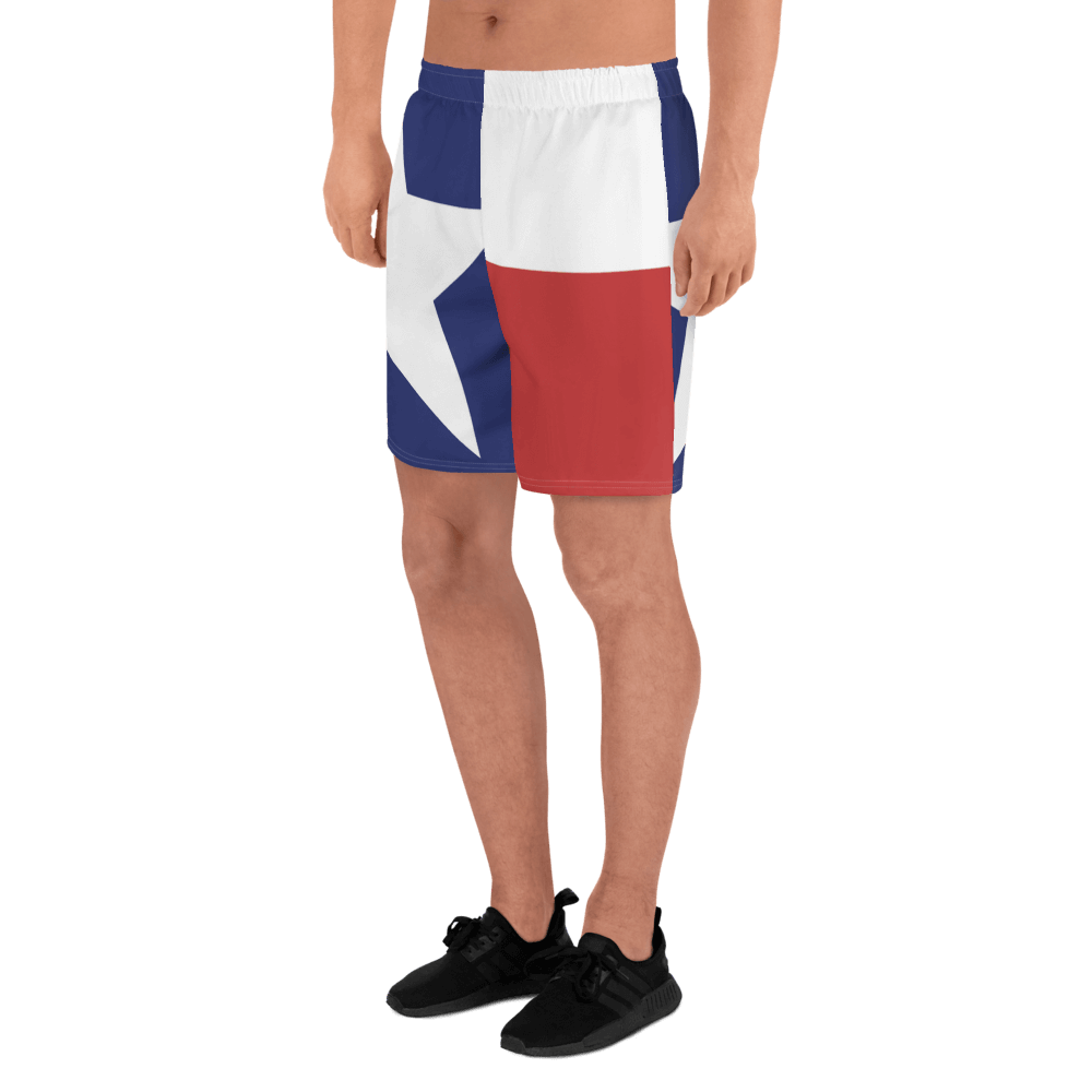 Texas flag pattern shorts on male model below torso, from left