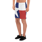 Texas flag pattern shorts on male model below torso, from left