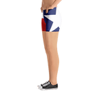 Texas flag pattern shorts on a model below torso, from left