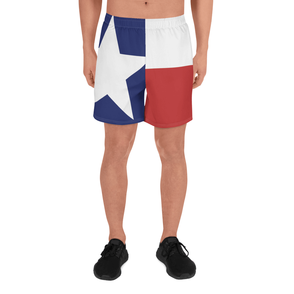 Texas flag pattern shorts on male model below torso, from front