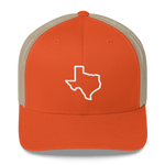 Texas outline on orange trucker hat