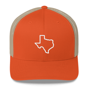 Texas outline on orange trucker hat
