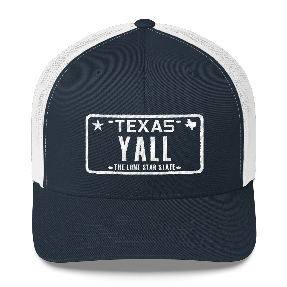 Texas Y’all license plate design on blue trucker hat