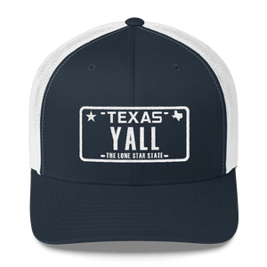 Texas Y’all license plate design on blue trucker hat