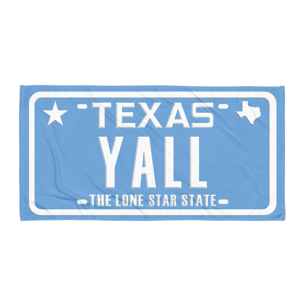 Texas YALL license plate design on blue towel