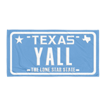Texas YALL license plate design on blue towel