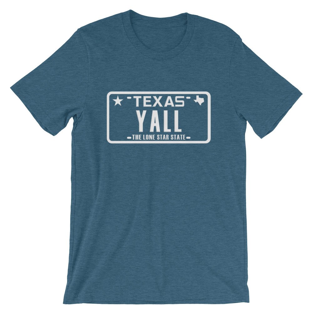 Texas license plate "YALL" design on blue shirt