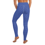 Texas shapes on blue yoga pants, worn by model from torso down, rear view