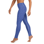 Texas shapes on blue yoga pants, worn by model from torso down, left side