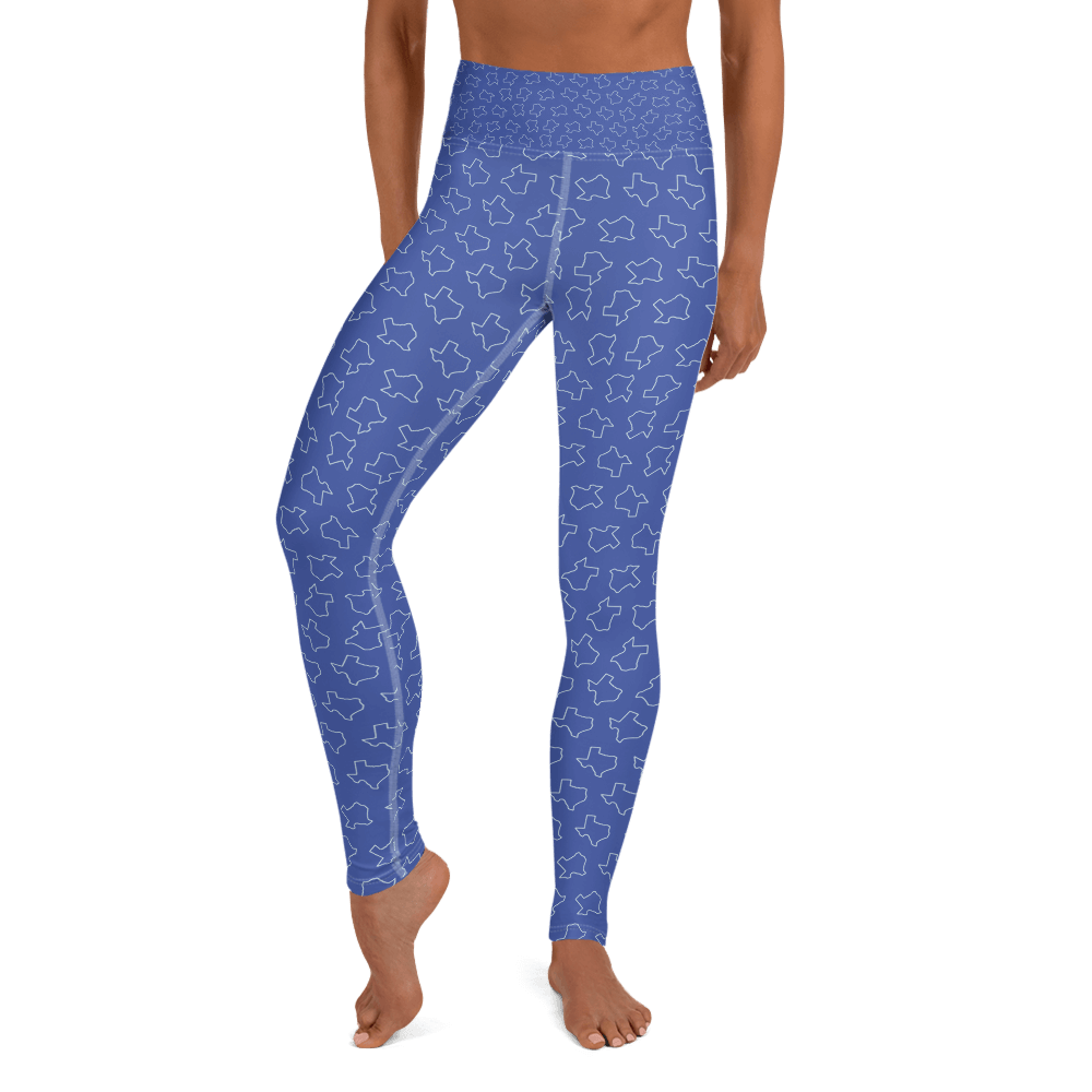 Texas shapes on blue yoga pants, worn by model from torso down