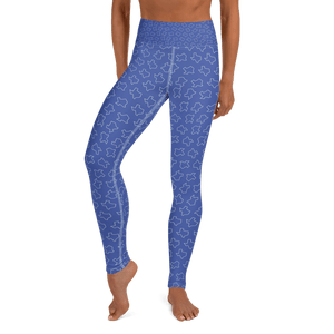 Texas shapes on blue yoga pants, worn by model from torso down