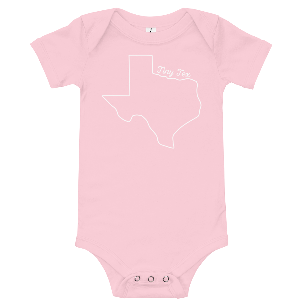 texas shape with 'tiny tex' above it on pink onesie
