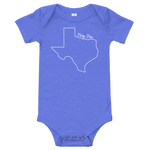 texas shape with 'tiny tex' written above it on a onesie